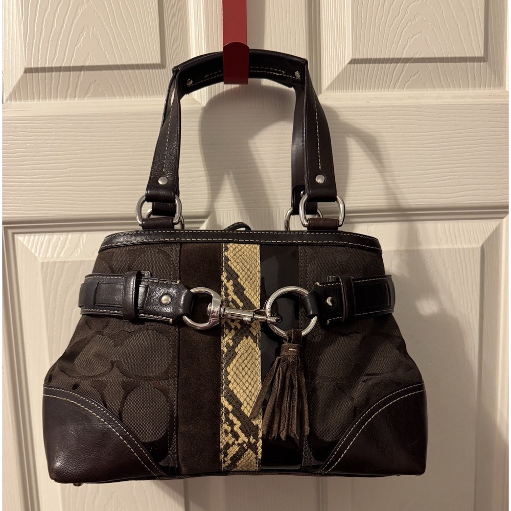 Coach Brown Logo Satchel with Snakeskin Accent and Silver Hardware